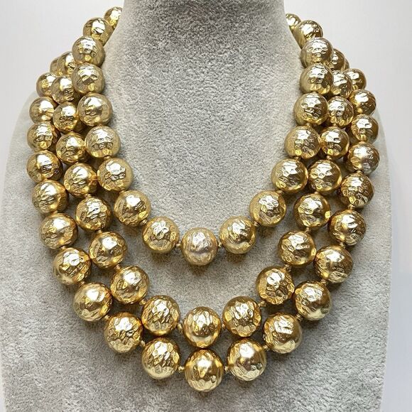Vintage Les Bernard Gold Ball Beaded 3 Layer Necklace 16mm Statement Bold - Picture 1 of 9